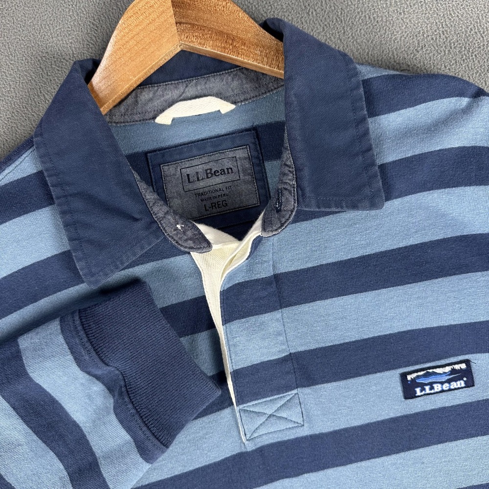 LL Bean Rugby Polo Shirt Mens Large Blue Striped Long Sleeve Boxy Y2K Prep